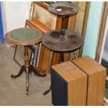 MAHOGANY 2 TIER CAKE STAND / TABLE, 1 OTHER TABLE & PAIR OF SPEAKERS