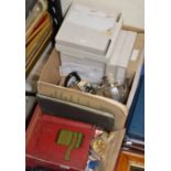 2 BOXES WITH DISPLAY PLATES, EP WARE, ALBUM OF STAMPS, CIGARETTE CARDS, AA BADGE ETC