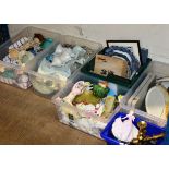 6 BOXES WITH MIXED CERAMICS, FIGURINE ORNAMENTS, VARIOUS DISHES, FLORAL POSIES & GENERAL BRIC-A-BRAC