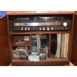 DOUBLE DOOR CABINET WITH VINTAGE SANYO MUSIC CENTRE, VARIOUS RECORDS & CASSETTES