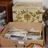 DECORATIVE ORIENTAL STYLE JEWELLERY CABINET & BOX WITH ASSORTED POSTCARDS, CAR CARDS ETC