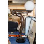 LARGE ART DECO STYLE BRONZE EFFECT FIGURINE TABLE LAMP WITH GLOBULAR GLASS SHADE