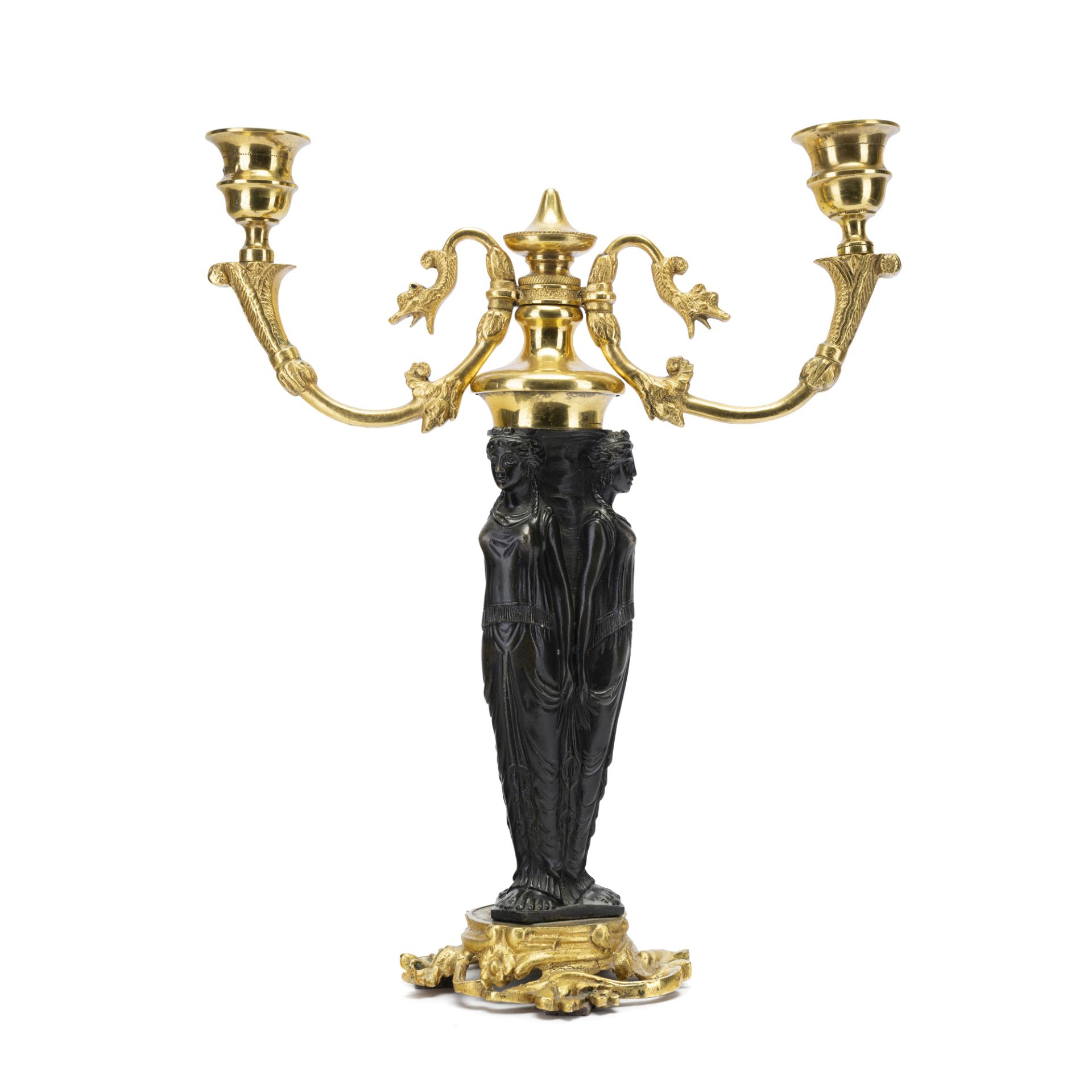 Candelabro a due fiamme in bronzo patinato e bronzo dorato