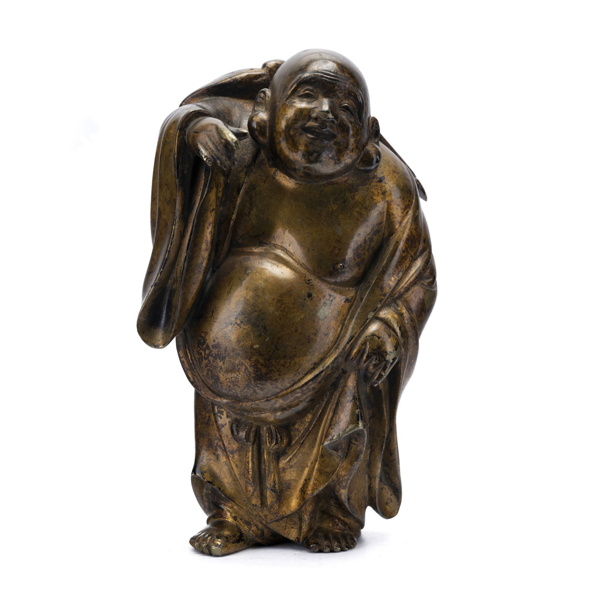 Figura di Budai Heshang (monaco con sacco)in bronzo patinato