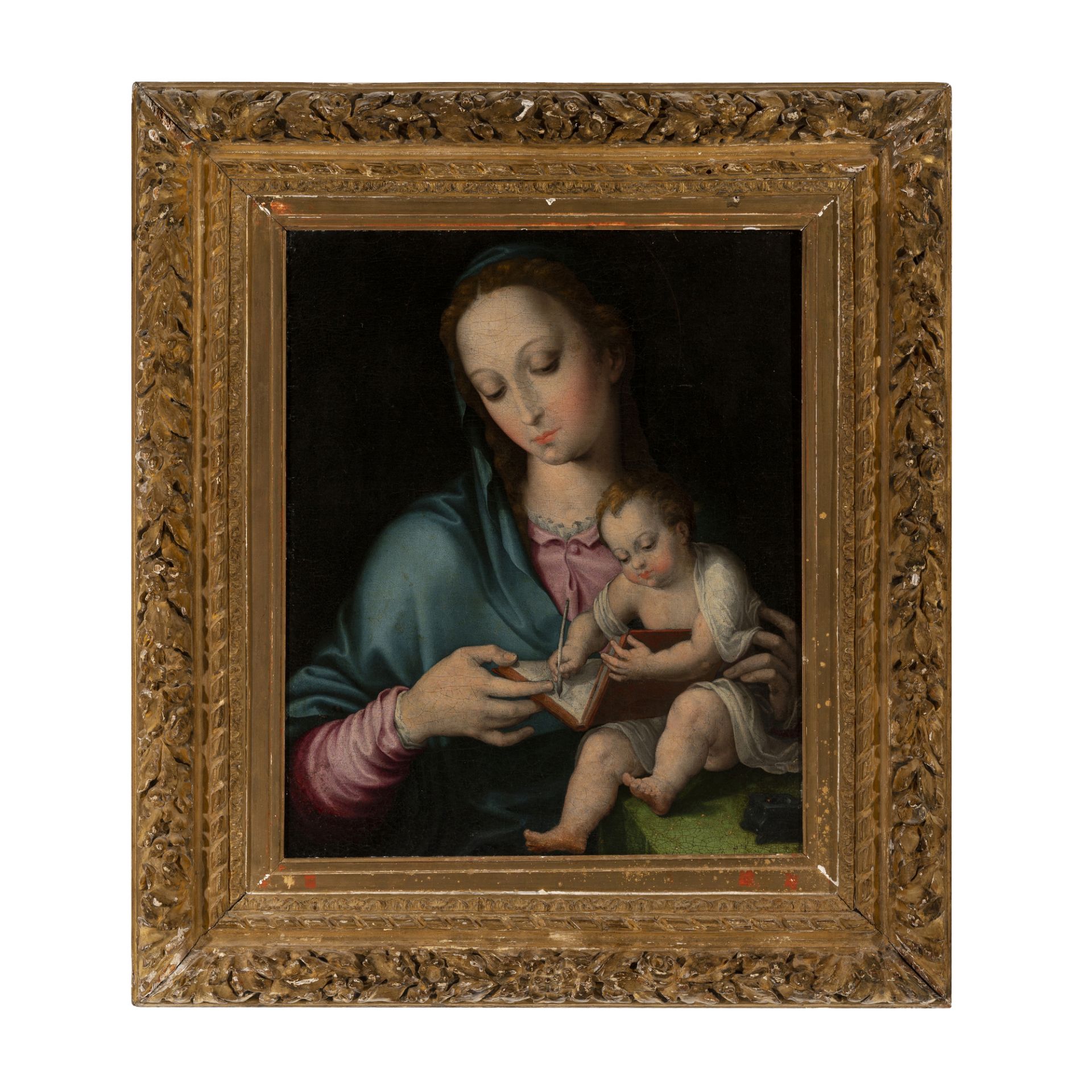 Virginio Nucci (Gubbio 1545 - 1621) Madonna con Gesù Bambino che scrive Olio su tela 53 x 43 cm   Si