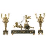 Trittico composto da pendola e coppia di candelabri in bronzo dorato