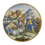 Antico piatto da parete in maiolica decorato con scena mitologica in policromia