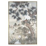Pannello in seta raffigurante paesaggio con cicogne tra rami fioriti