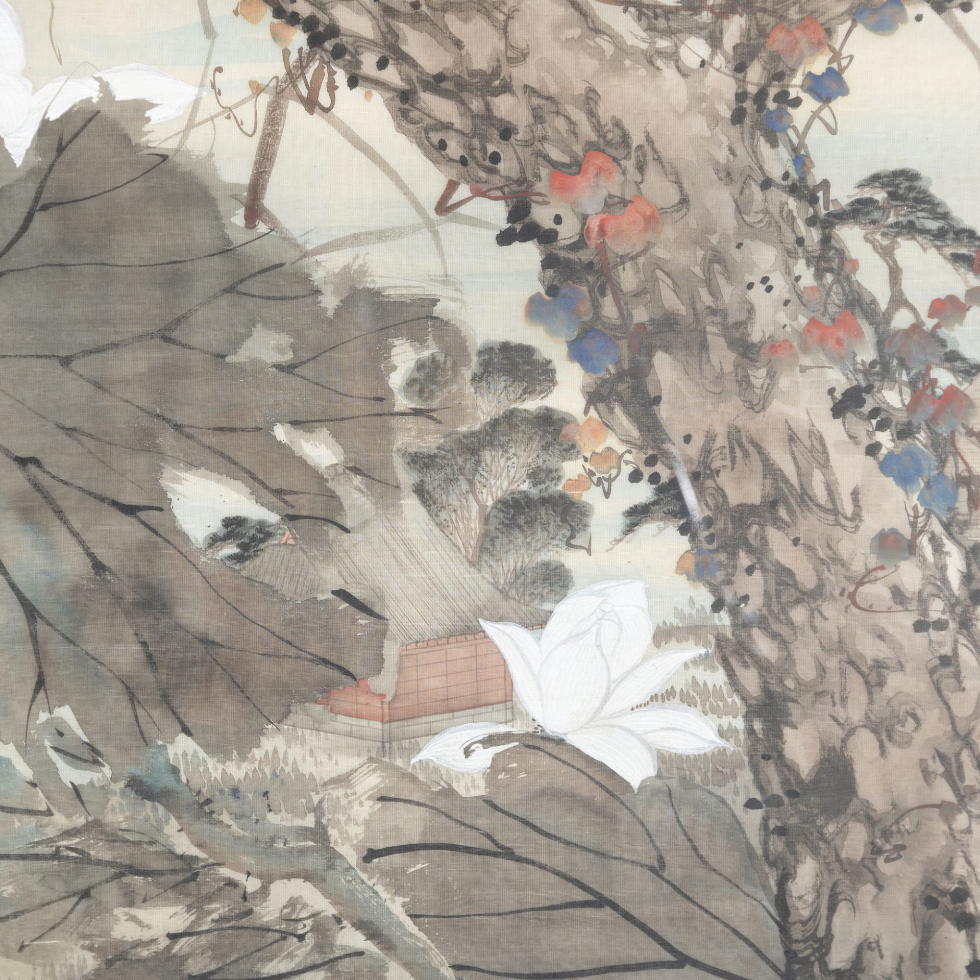 Pannello in seta raffigurante paesaggio con cicogne tra rami fioriti - Bild 4 aus 7