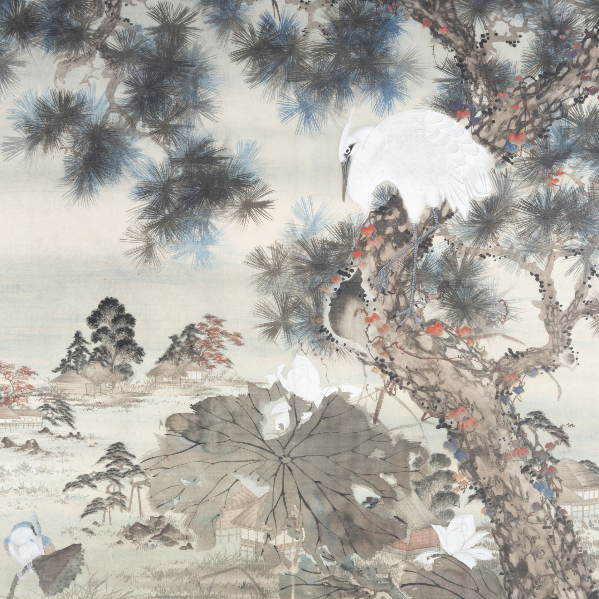 Pannello in seta raffigurante paesaggio con cicogne tra rami fioriti - Bild 3 aus 7