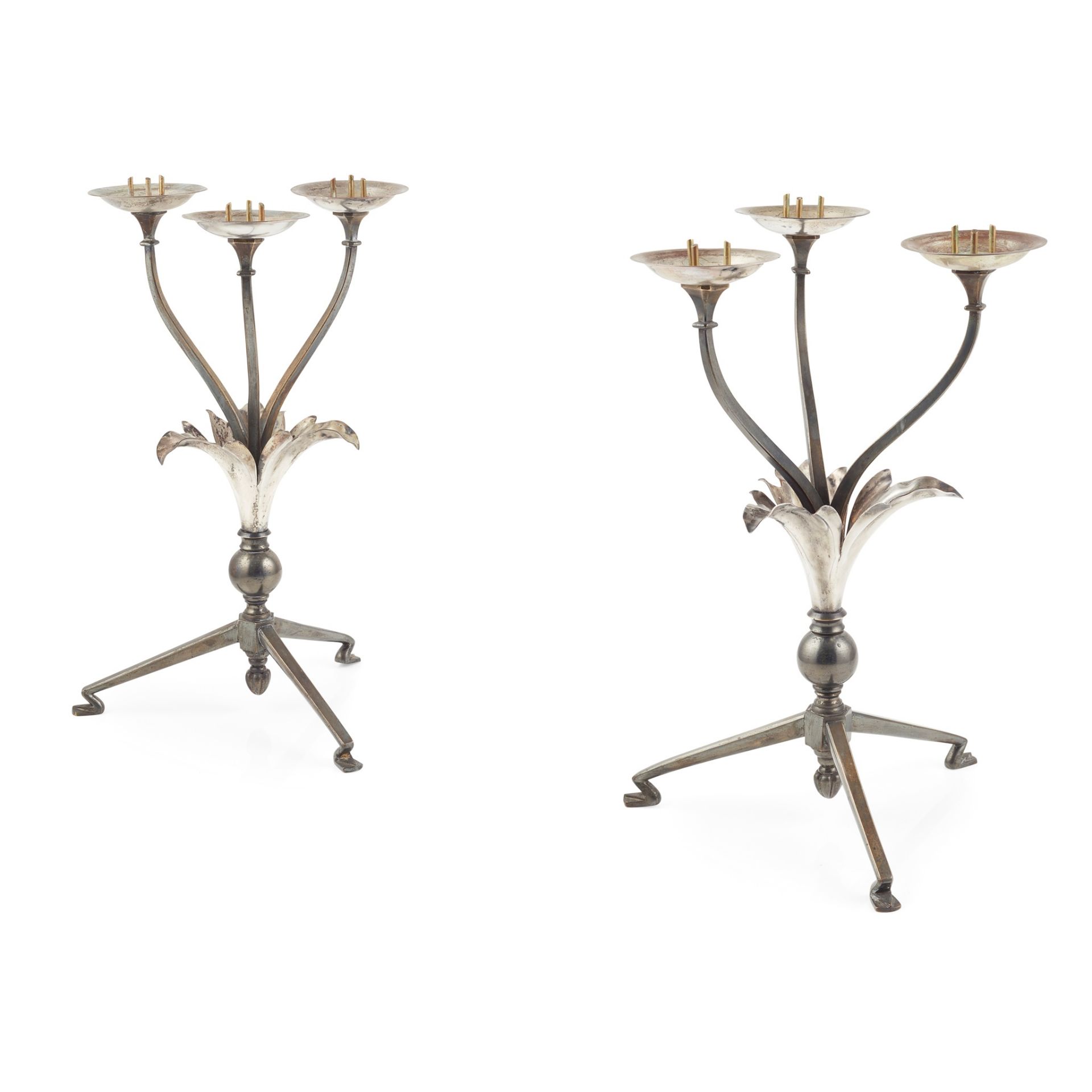 W.A.S. BENSON (1854-1924) PAIR OF THREE-LIGHT CANDLESTICKS, CIRCA 1900