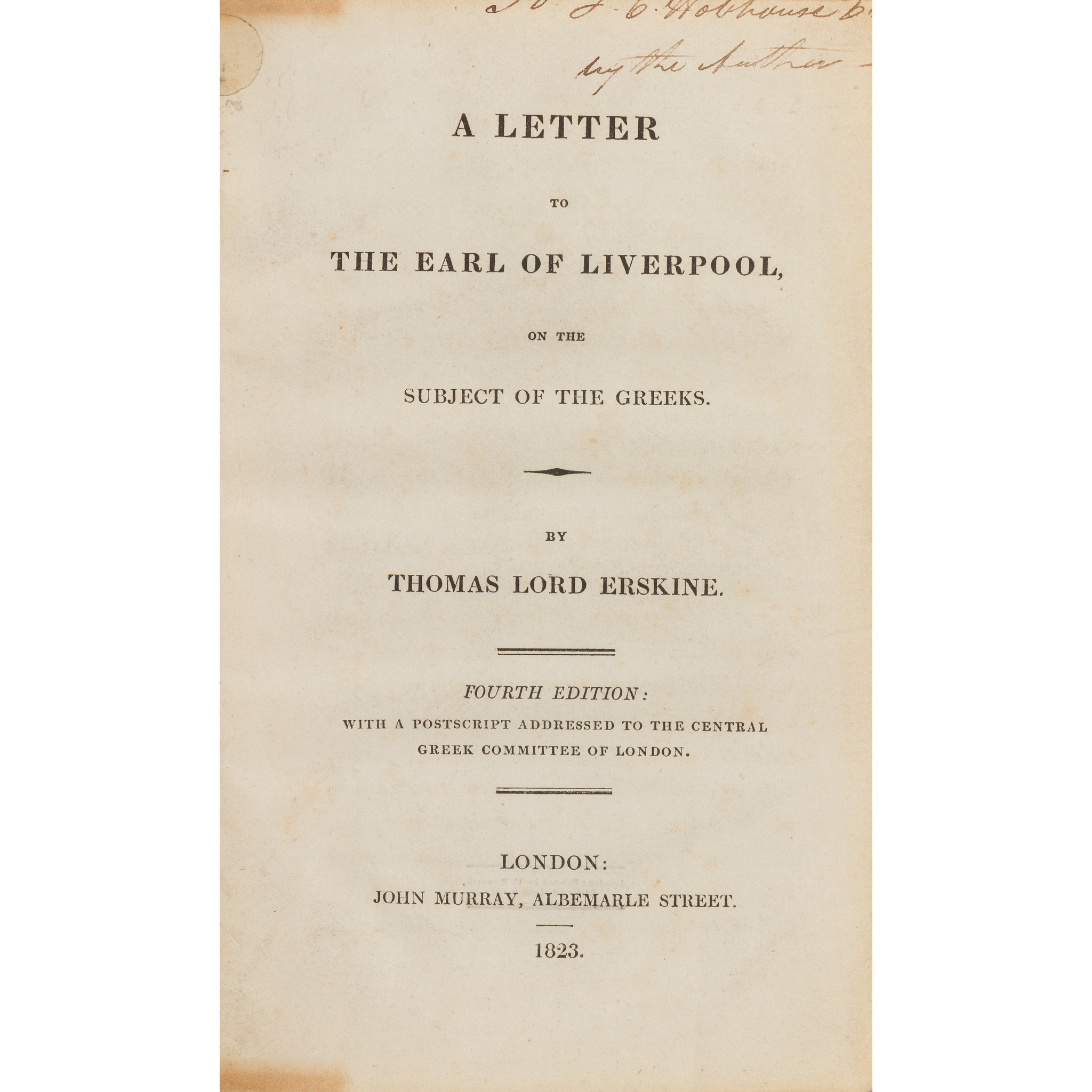 Erskine, Thomas, Lord A Letter to the Earl of Liverpool on the Subject of the Greeks