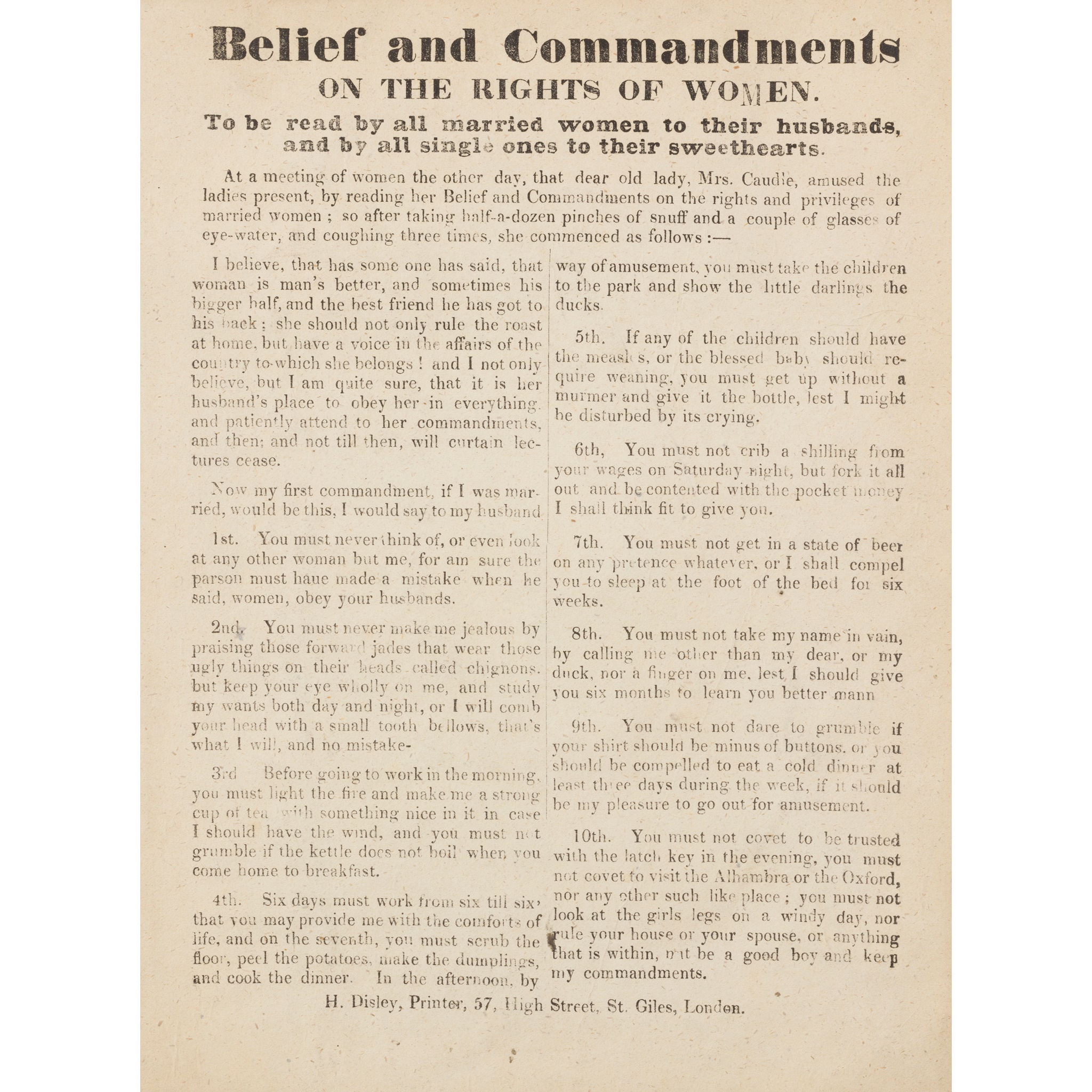 Feminist interest: a Victorian flyer Belief and Commandments on the Rights of Women