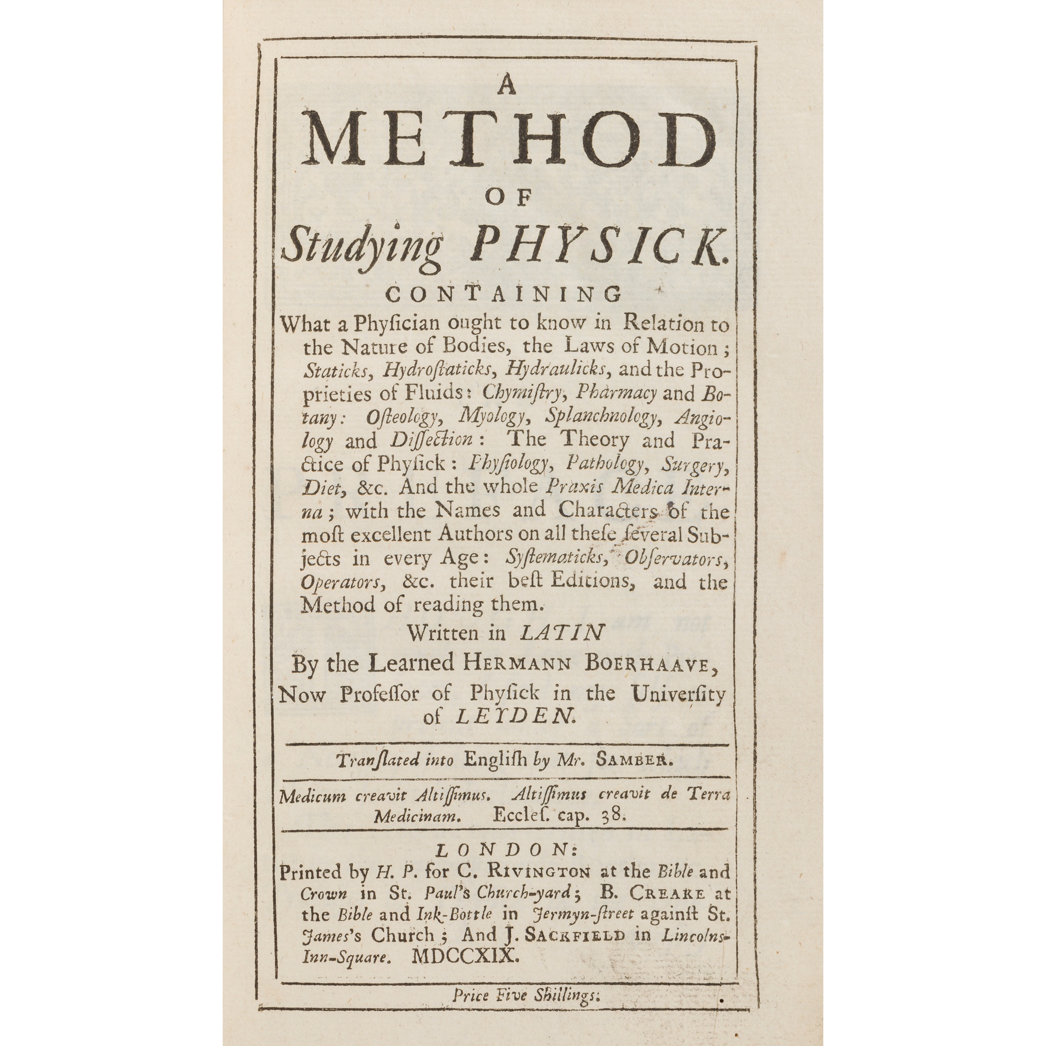 Boerhaave, Herman A Method of Studying Physick