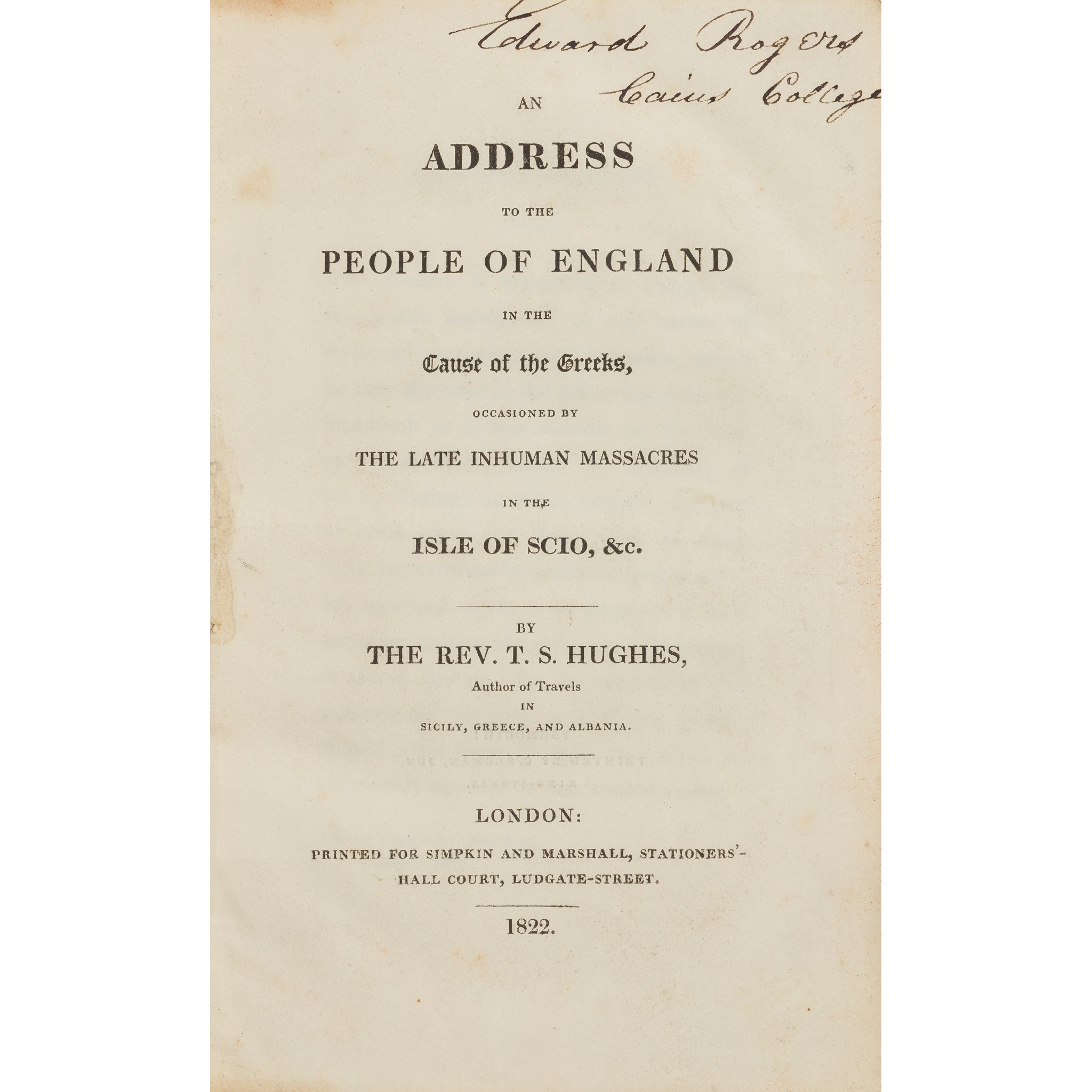 [Isle of Scio] Hughes, Thomas Smart An Address to the People of England in the Cause of the Greeks,
