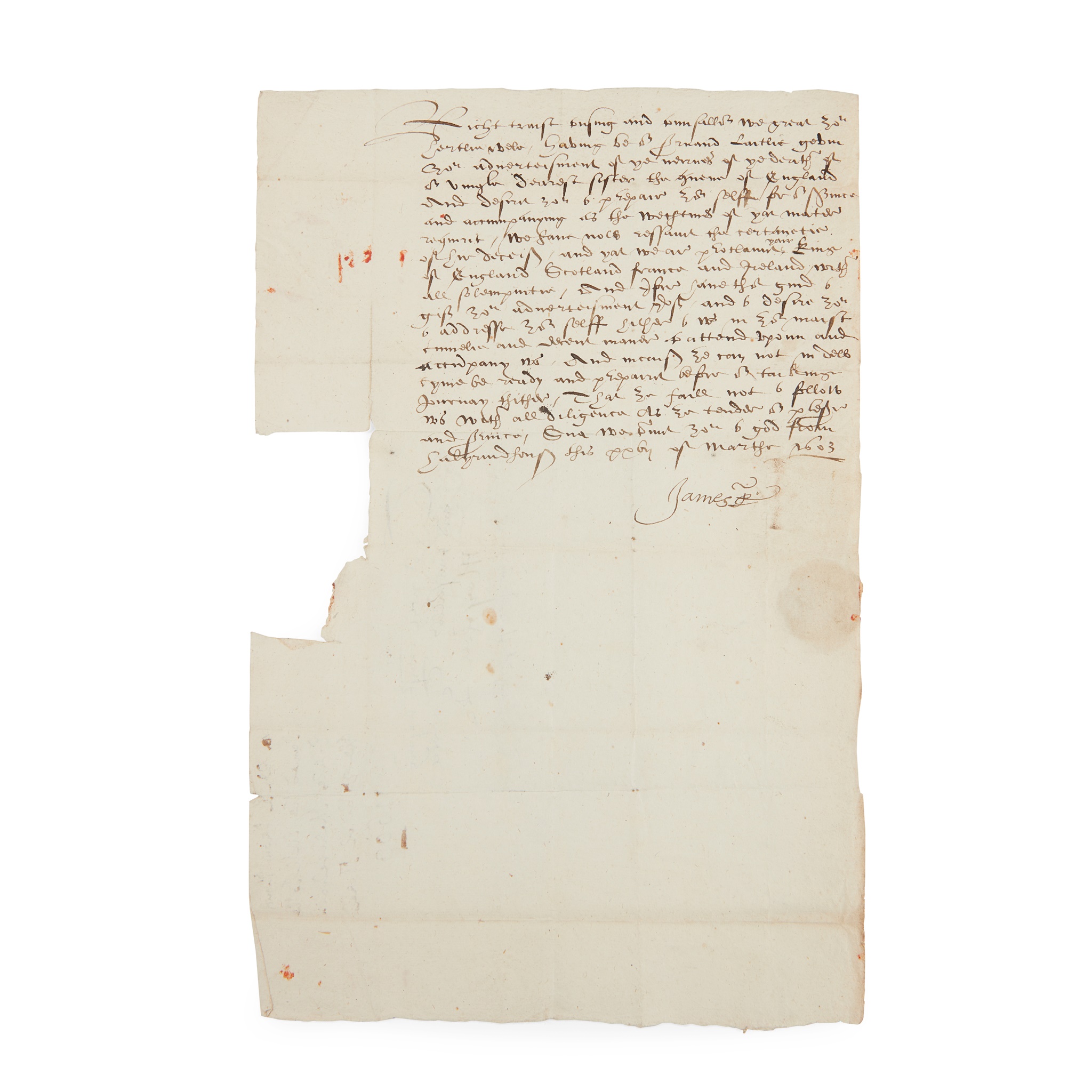 James VI of Scotland (later James I & VI of Scotland, England & Ireland) Letter signed