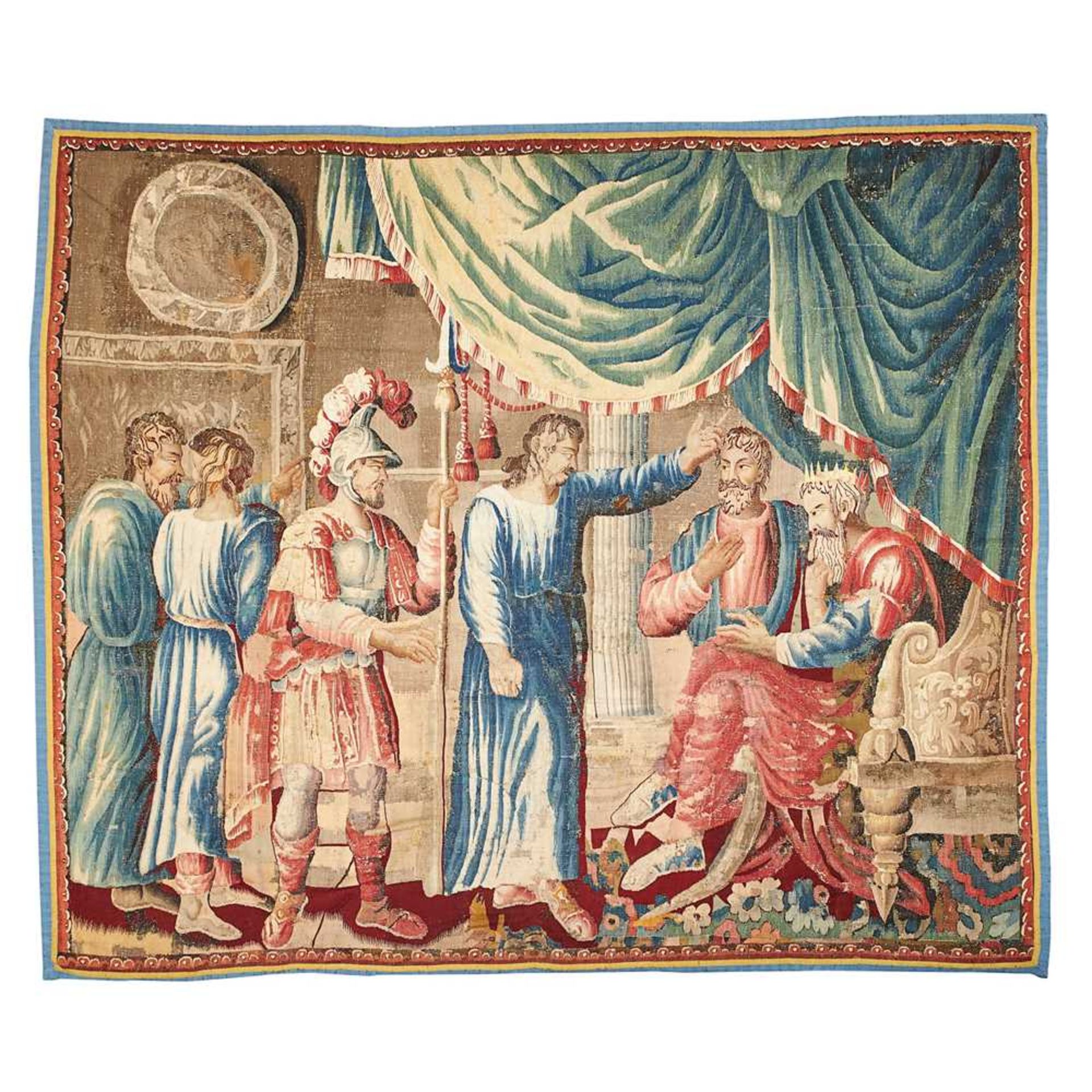 AUBUSSON BIBLICAL SUBJECT TAPESTRY, CHRIST BROUGHT BEFORE HEROD LATE 17TH/ EARLY 18TH CENTURY