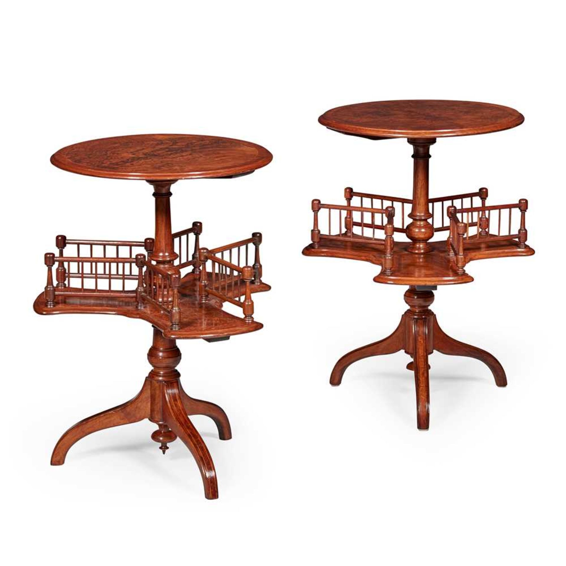 PAIR OF LATE VICTORIAN BURR WALNUT AND THUYA REVOLVING BOOK STANDS LATE 19TH CENTURY