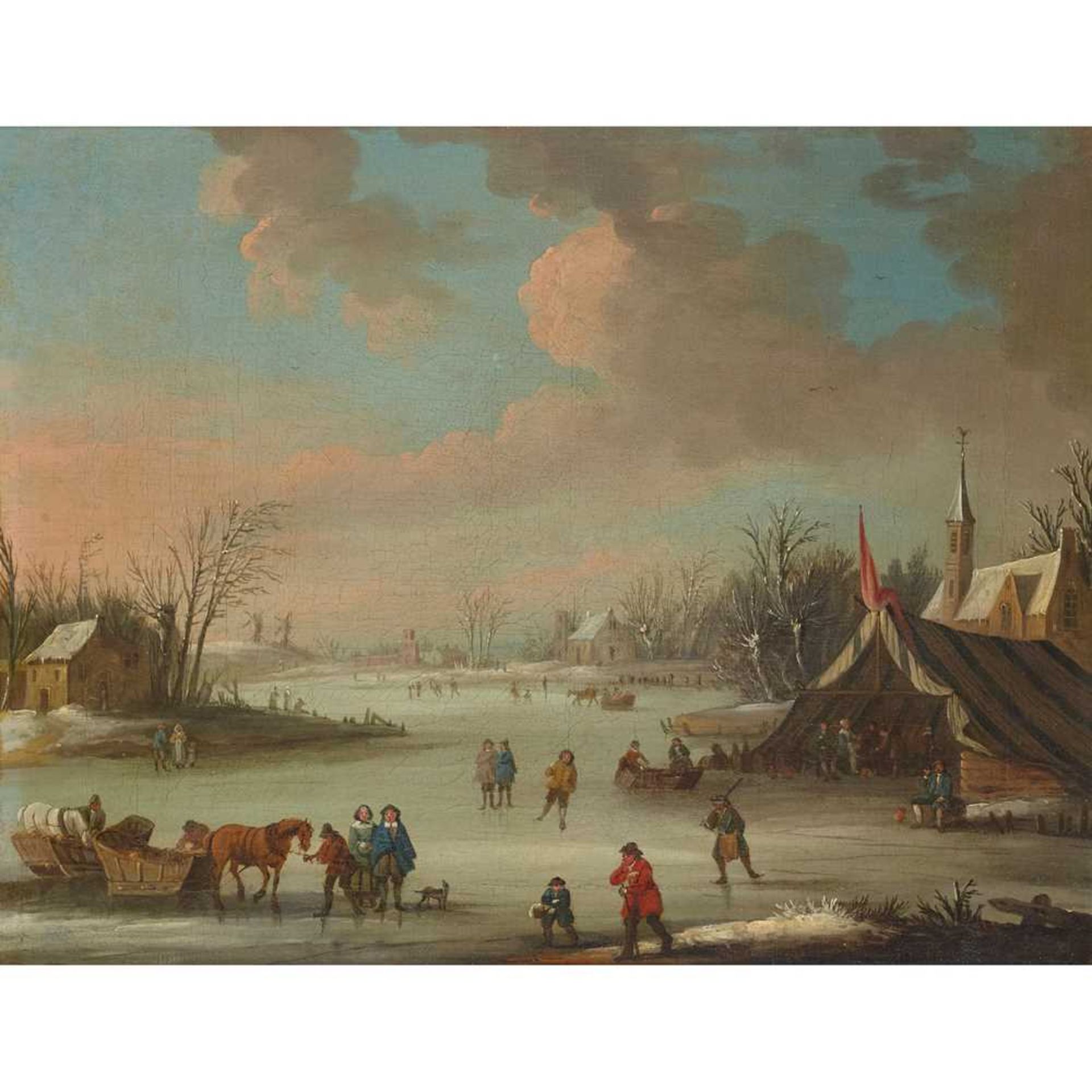 FOLLOWER OF ANDRIES VERMEULEN A WINTER LANDSCAPE WITH FIGURES AND SKATERS ON A FROZEN LAKE