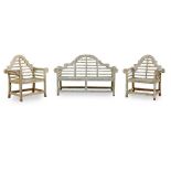 LUTYENS STYLE GARDEN BENCH AND PAIR OF ARMCHAIRS OF RECENT MANUFACTURE