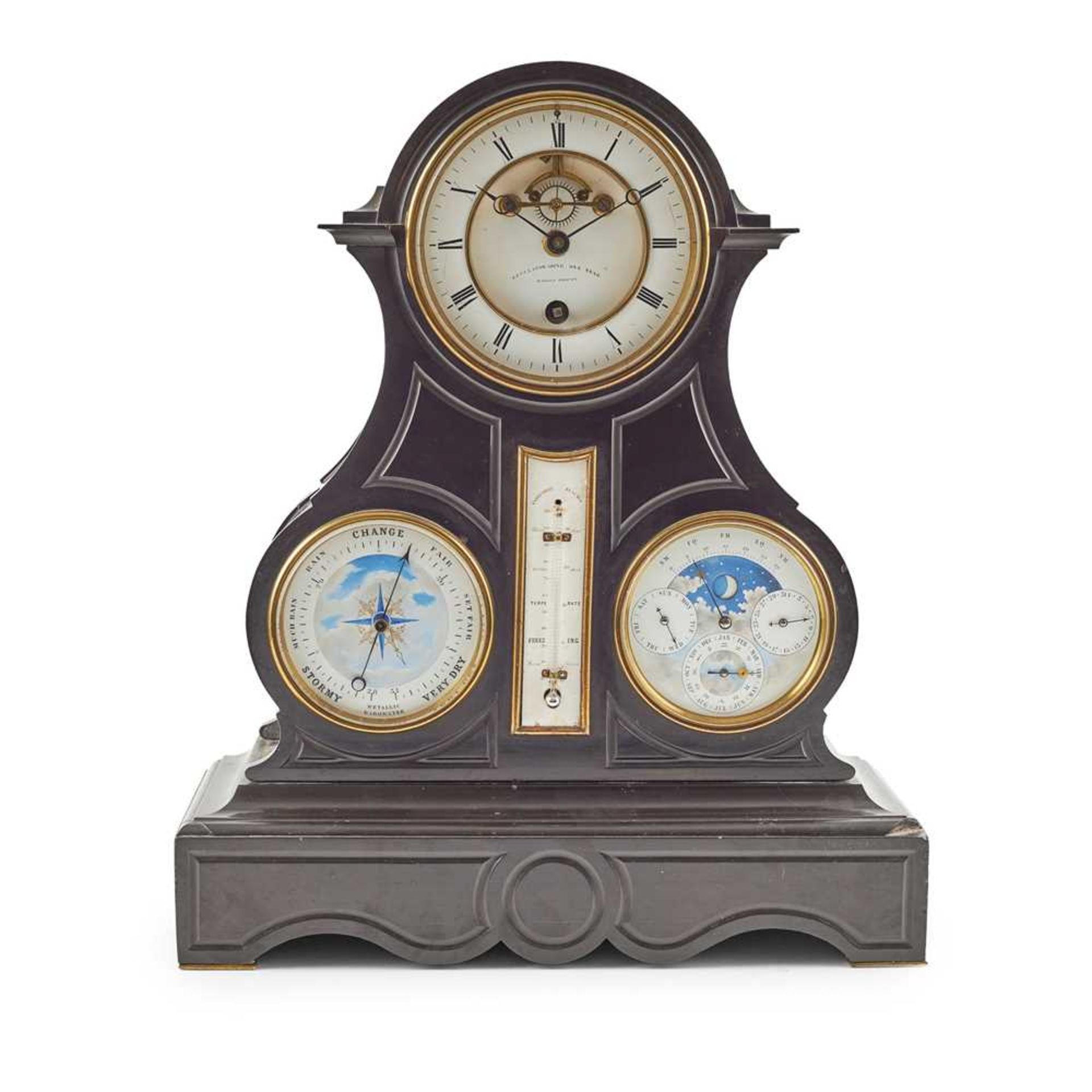 FRENCH SLATE PERPETUAL CALENDAR MANTEL CLOCK WITH BAROMETER, ACHILLE BROCOT, PARIS 19TH CENTURY