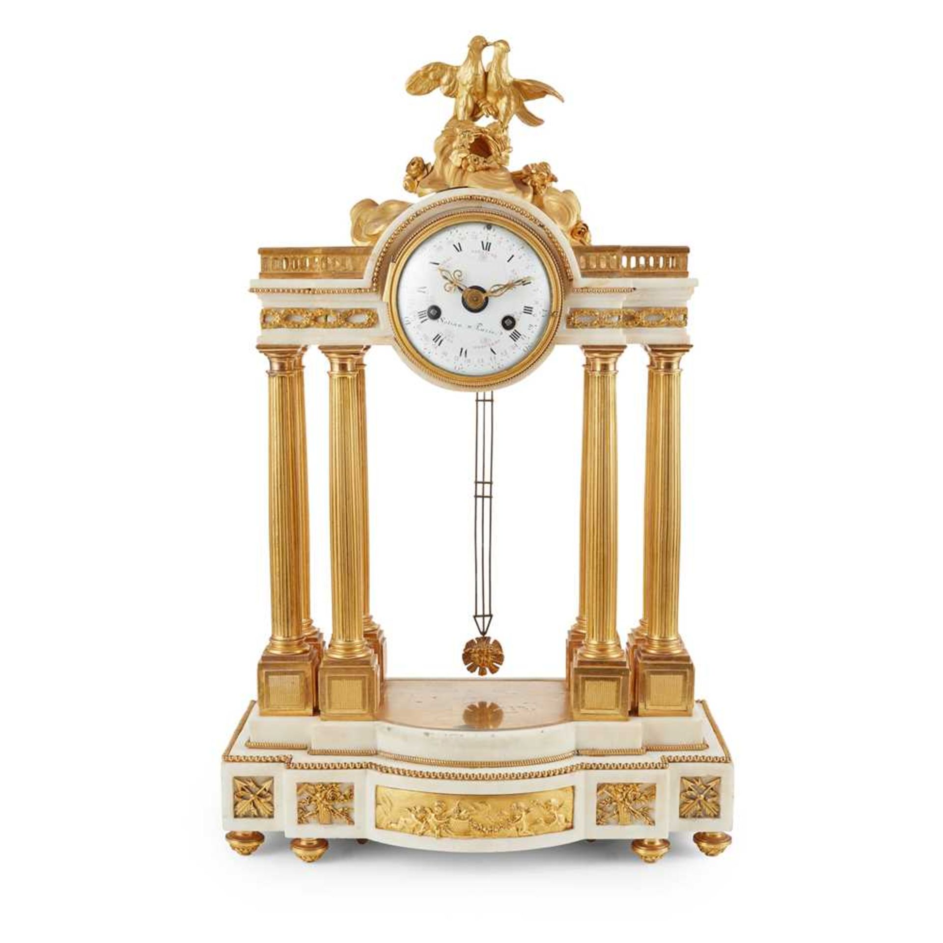 LOUIS XIV STYLE GILT BRONZE AND MARBLE MANTEL CLOCK, SOTIAU, PARIS 18TH CENTURY