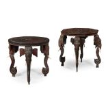 TWO INDIAN CARVED HARDWOOD AND IVORY OCCASIONAL TABLES LATE 19TH CENTURY