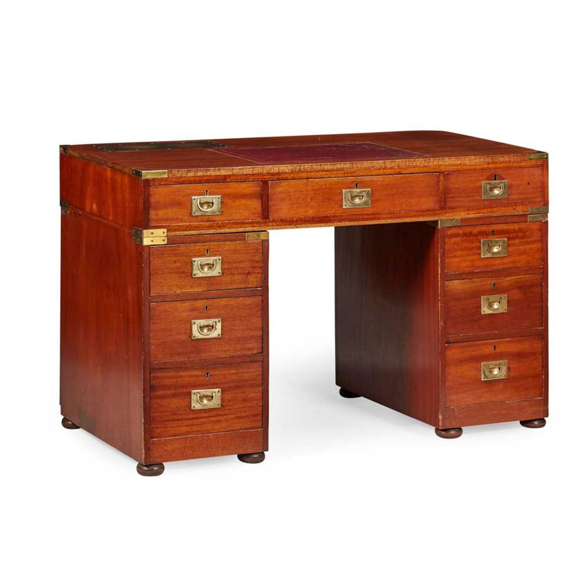 VICTORIAN TEAK CAMPAIGN PEDESTAL DESK 19TH CENTURY