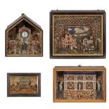 FOUR VICTORIAN CASED SHELL-WORK DIORAMAS INCLUDING ONE EXAMPLE WITH A PORCELAIN ST JAMES'S (CHARLES