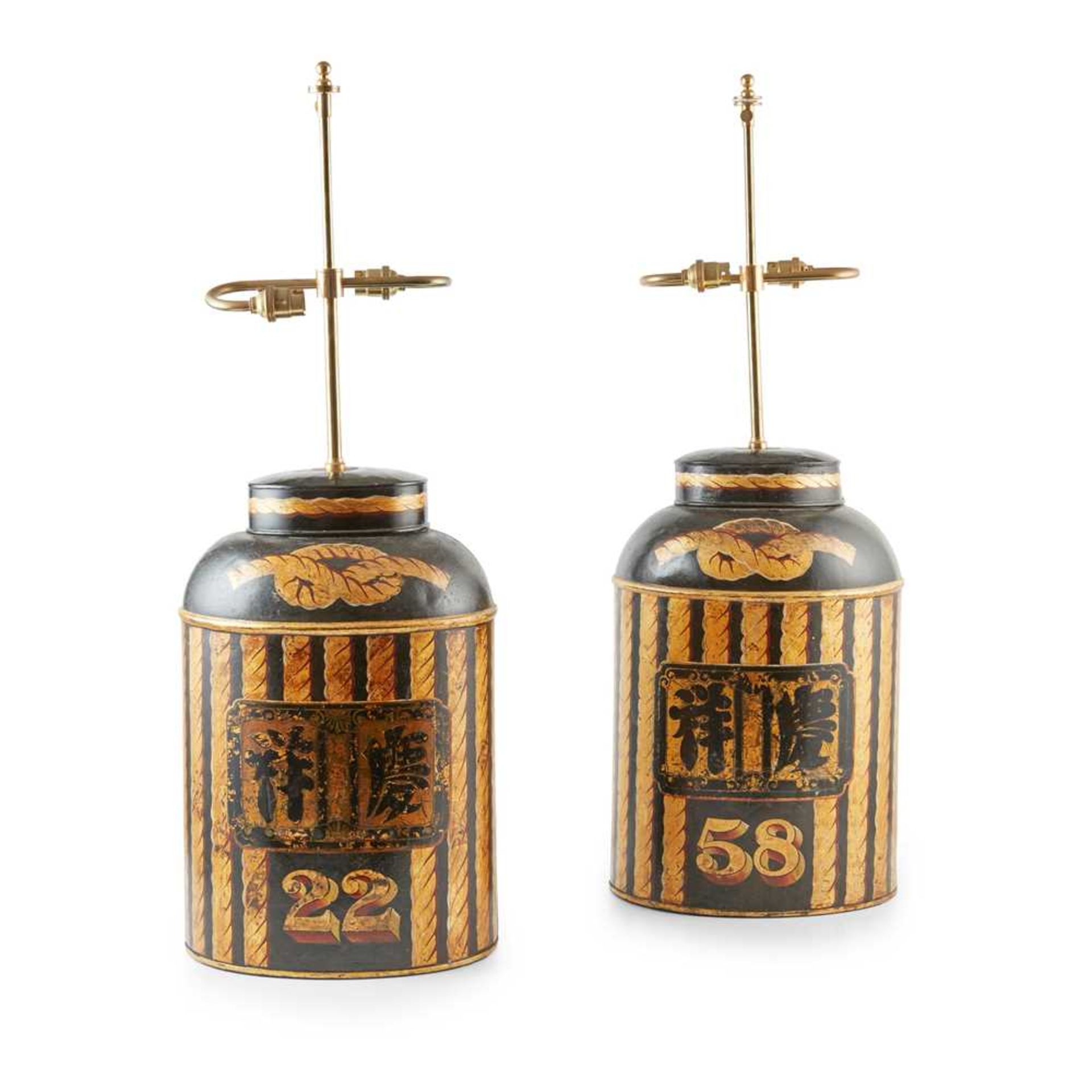 PAIR OF PAINTED AND PARCEL GILT TOLE TEA CANISTER LAMPS 19TH CENTURY