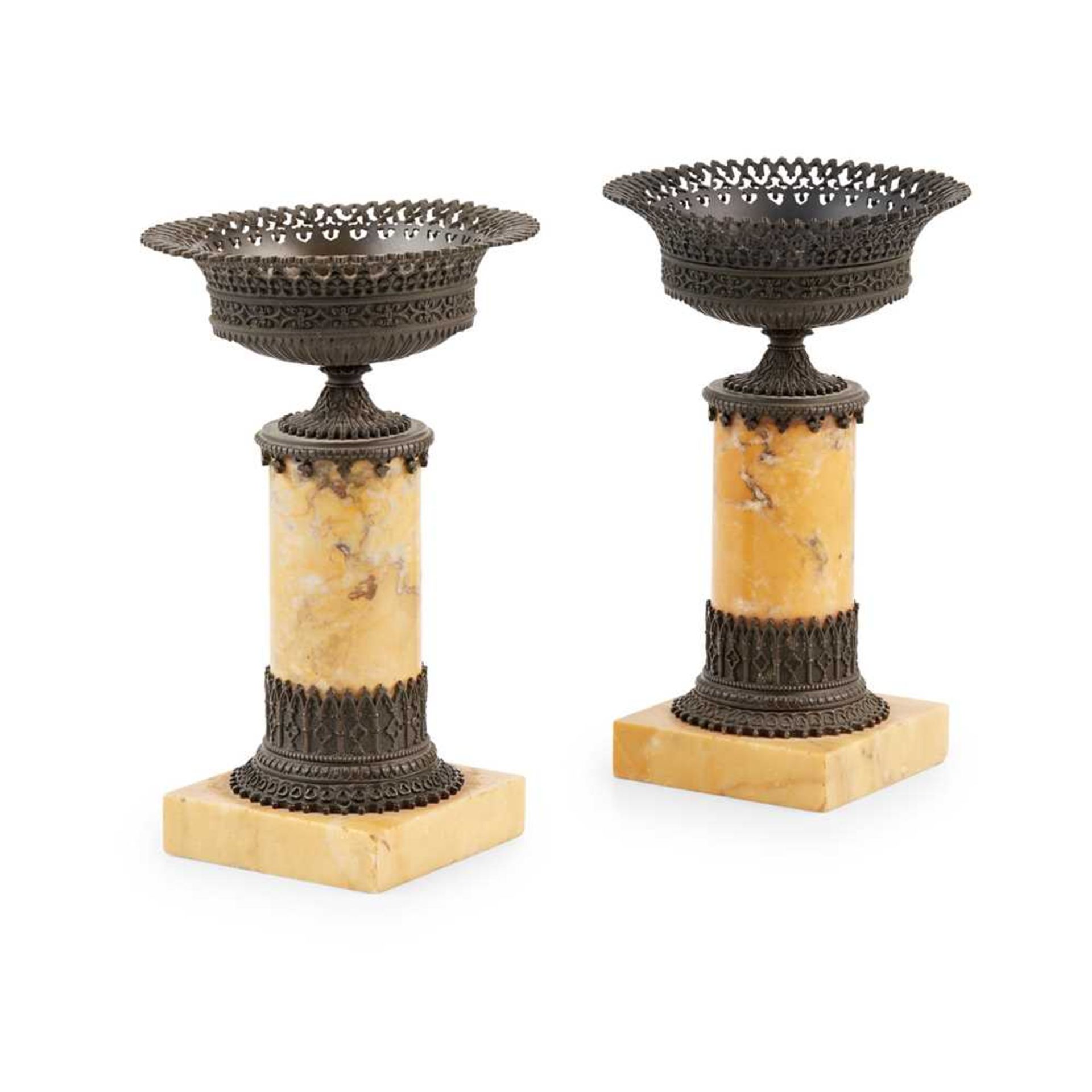 PAIR OF FRENCH EMPIRE BRONZE AND SIENA MARBLE TAZZAS EARLY 19TH CENTURY