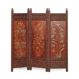 INDIAN PADOUK AND METAL INLAID THREE PANEL SCREEN EARLY 20TH CENTURY