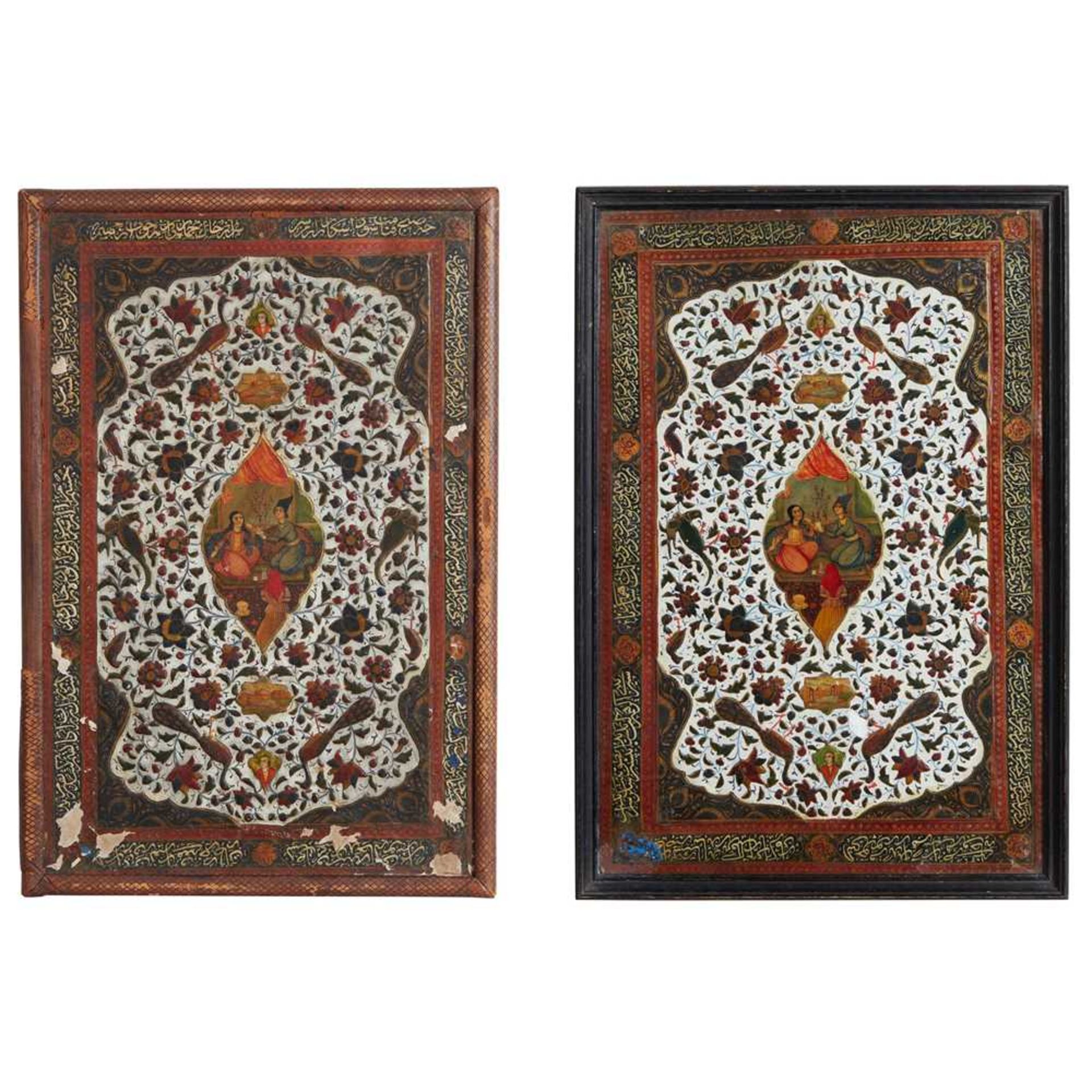 PERSIAN QAJAR LEATHER AND LACQUERED PAPIER MÂCHÉ BOOK COVERS 19TH CENTURY