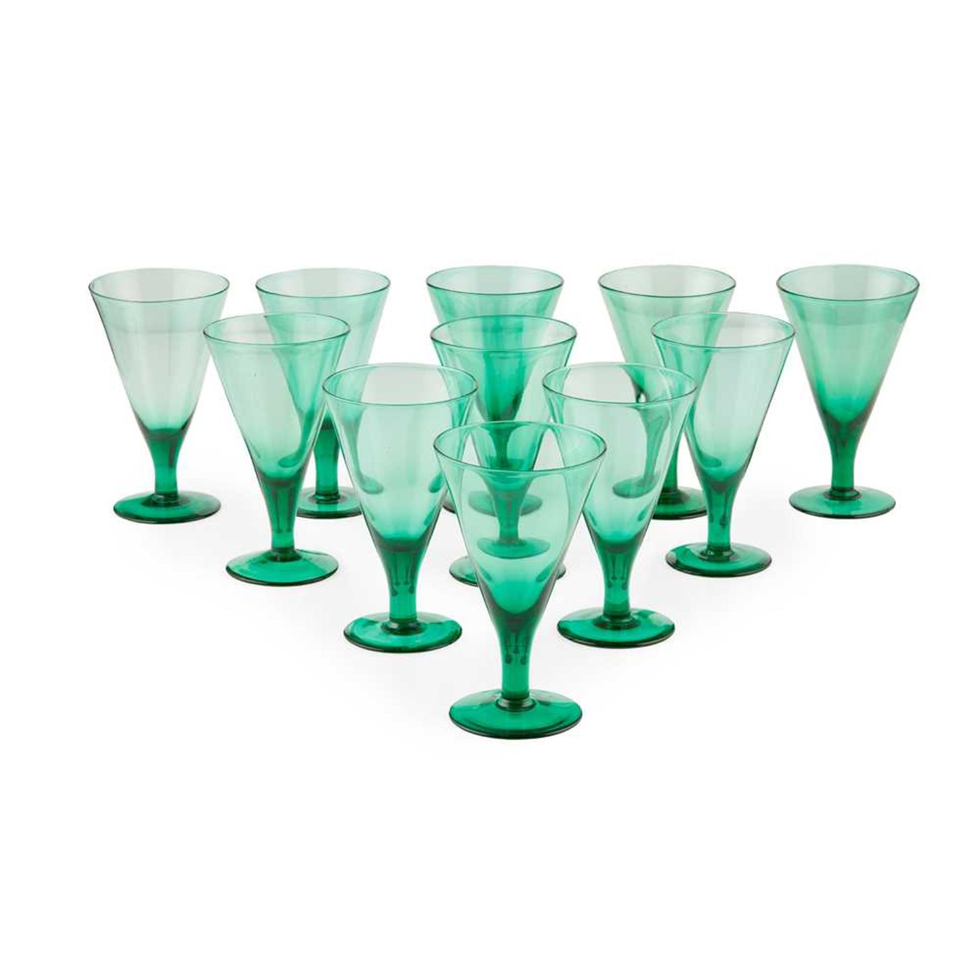 SET OF ELEVEN LATE GEORGIAN GREEN WINE GLASSES EARLY 19TH CENTURY