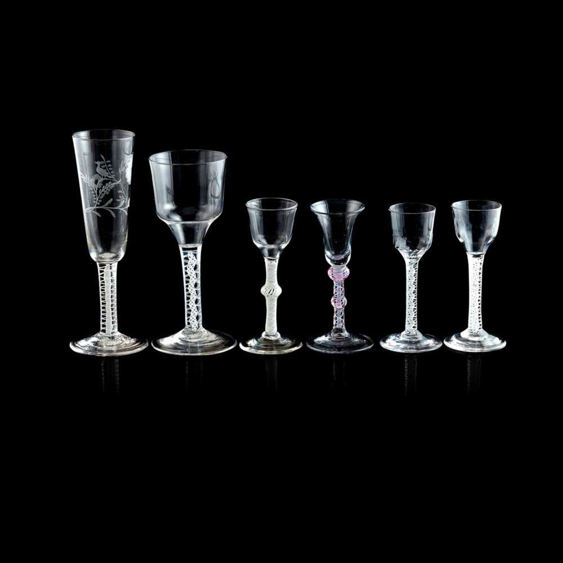 FIVE GEORGIAN OPAQUE-TWIST GLASSES 18TH CENTURY