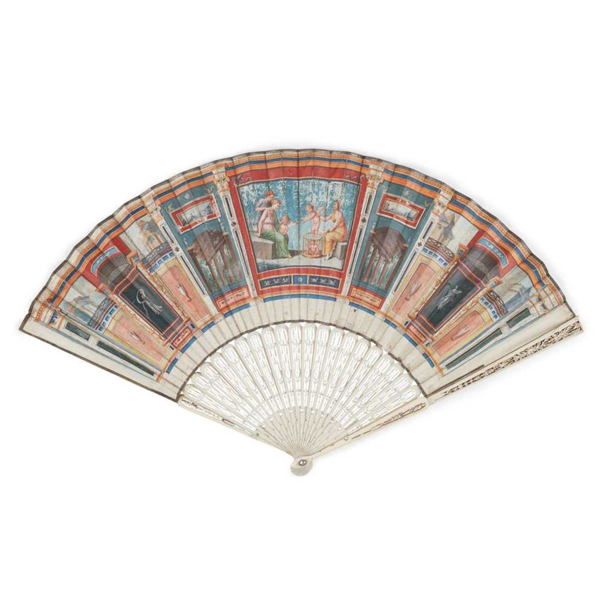 GEORGE III GRAND TOUR PAINTED VELLUM AND IVORY FAN 18TH CENTURY