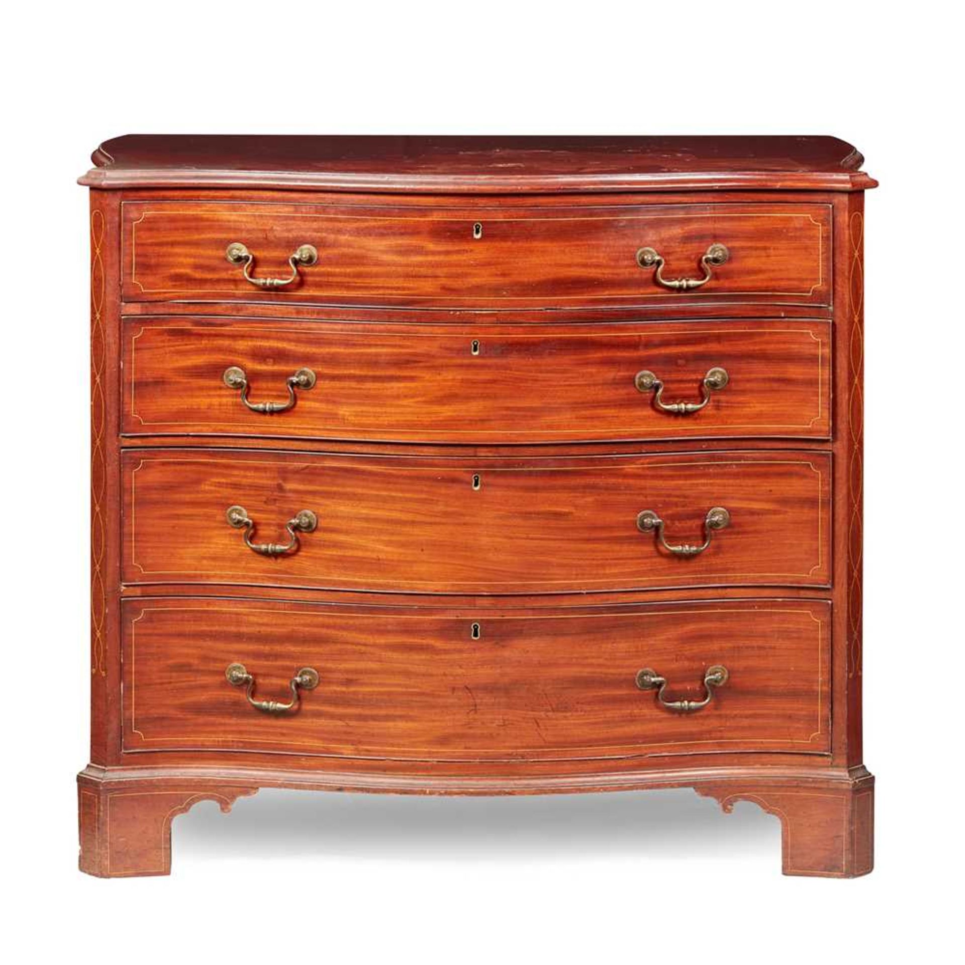 LATE GEORGE III MAHOGANY LINE INLAID SERPENTINE CHEST OF DRAWERS LATE 18TH CENTURY