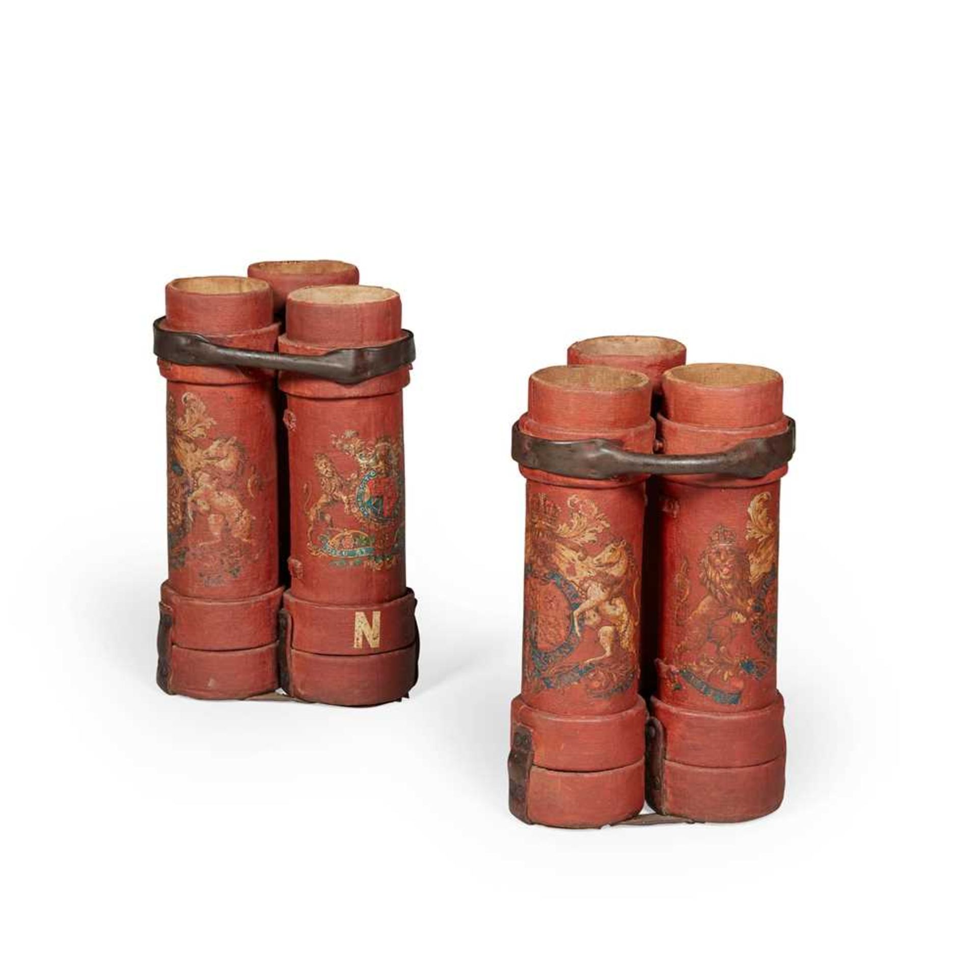 PAIR OF RED PAINTED ARMORIAL CORDITE CASES LATE 19TH/ EARLY 20TH CENTURY