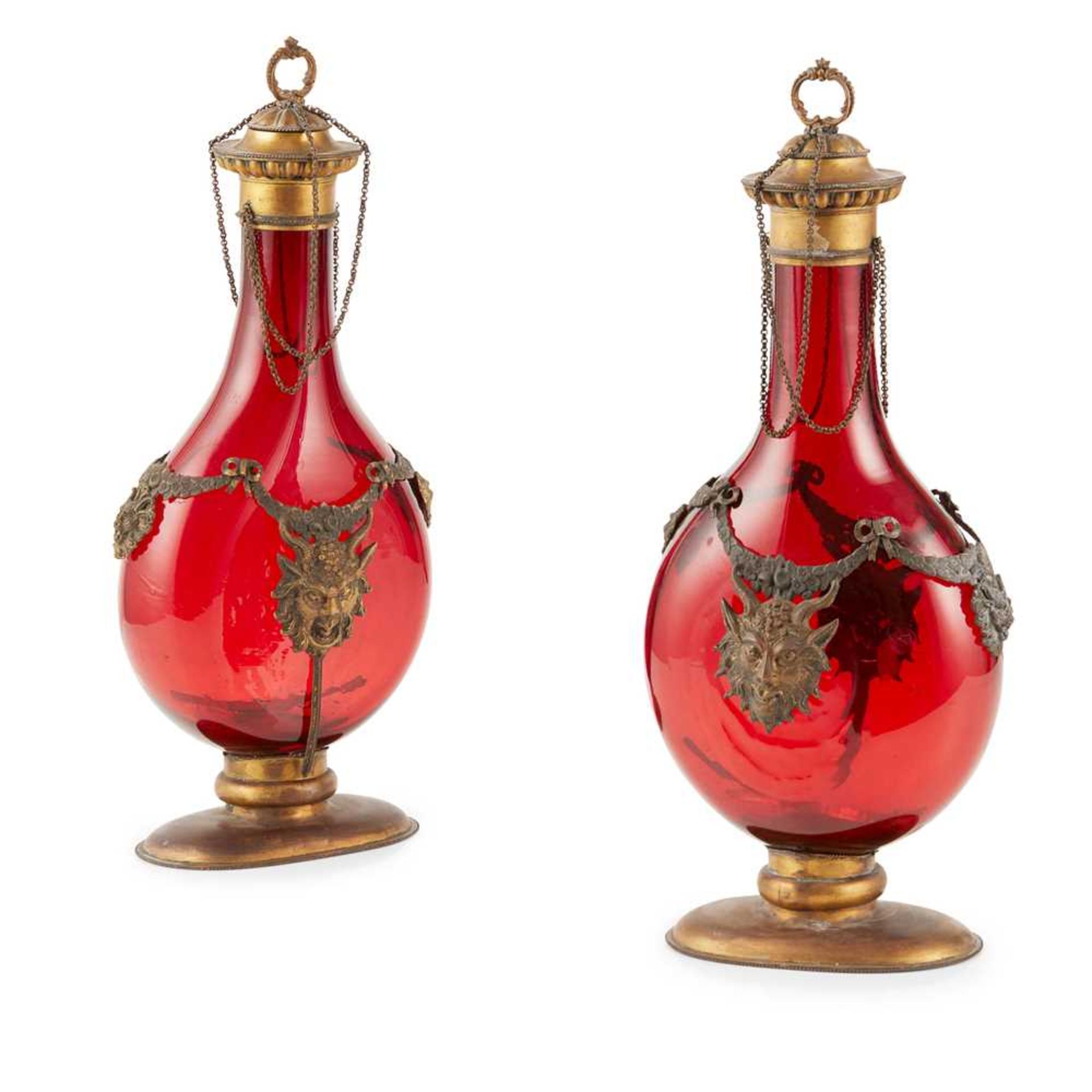 PAIR OF GERMAN RUBY GLASS GILT METAL MOUNTED PILGRIM FLASKS 19TH CENTURY