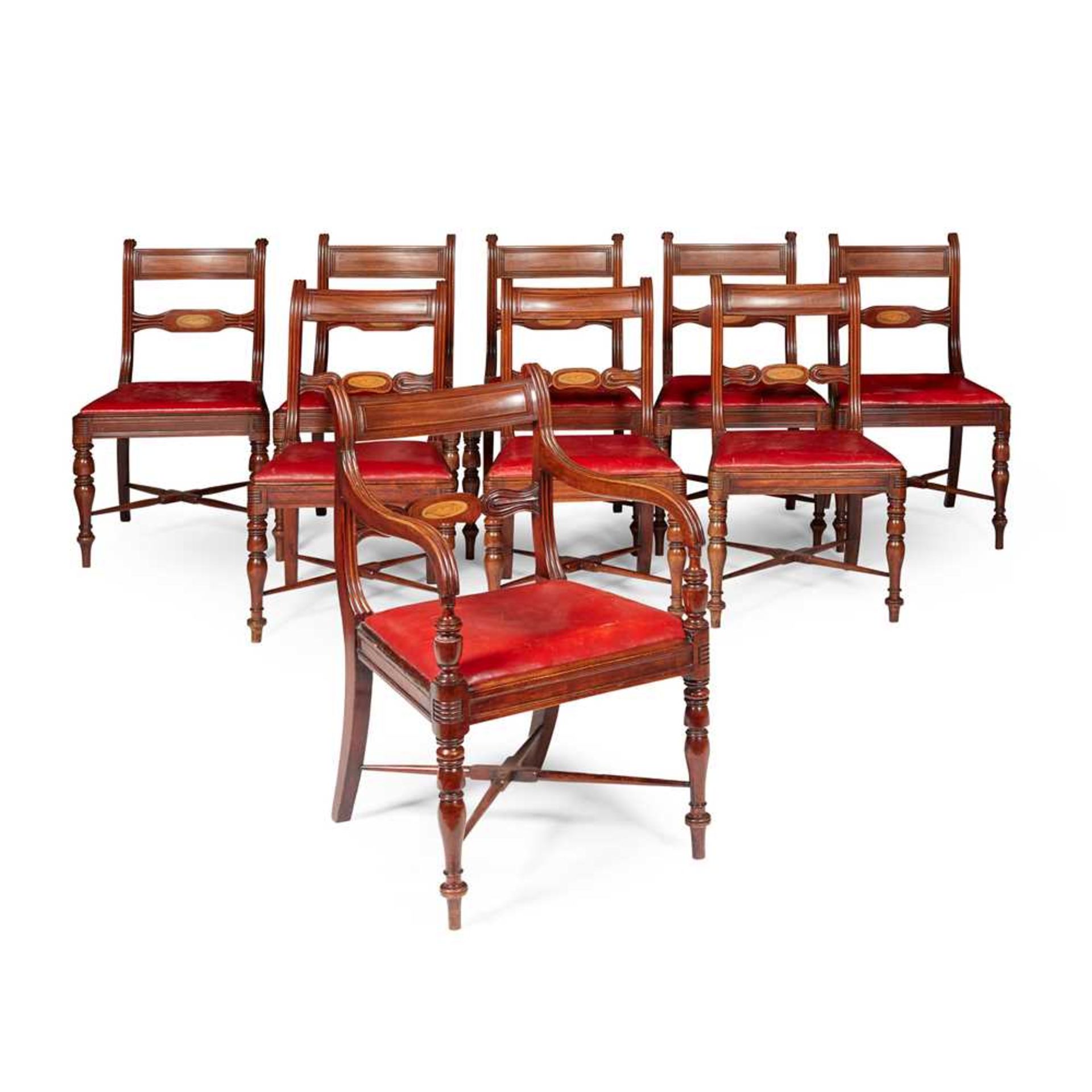 MATCHED SET OF NINE REGENCY MAHOGANY INLAID DINING CHAIRS EARLY 19TH CENTURY