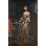 17TH CENTURY BRITISH SCHOOL FULL LENGTH PORTRAIT OF A LADY BESIDE A CASKET OF JEWELS