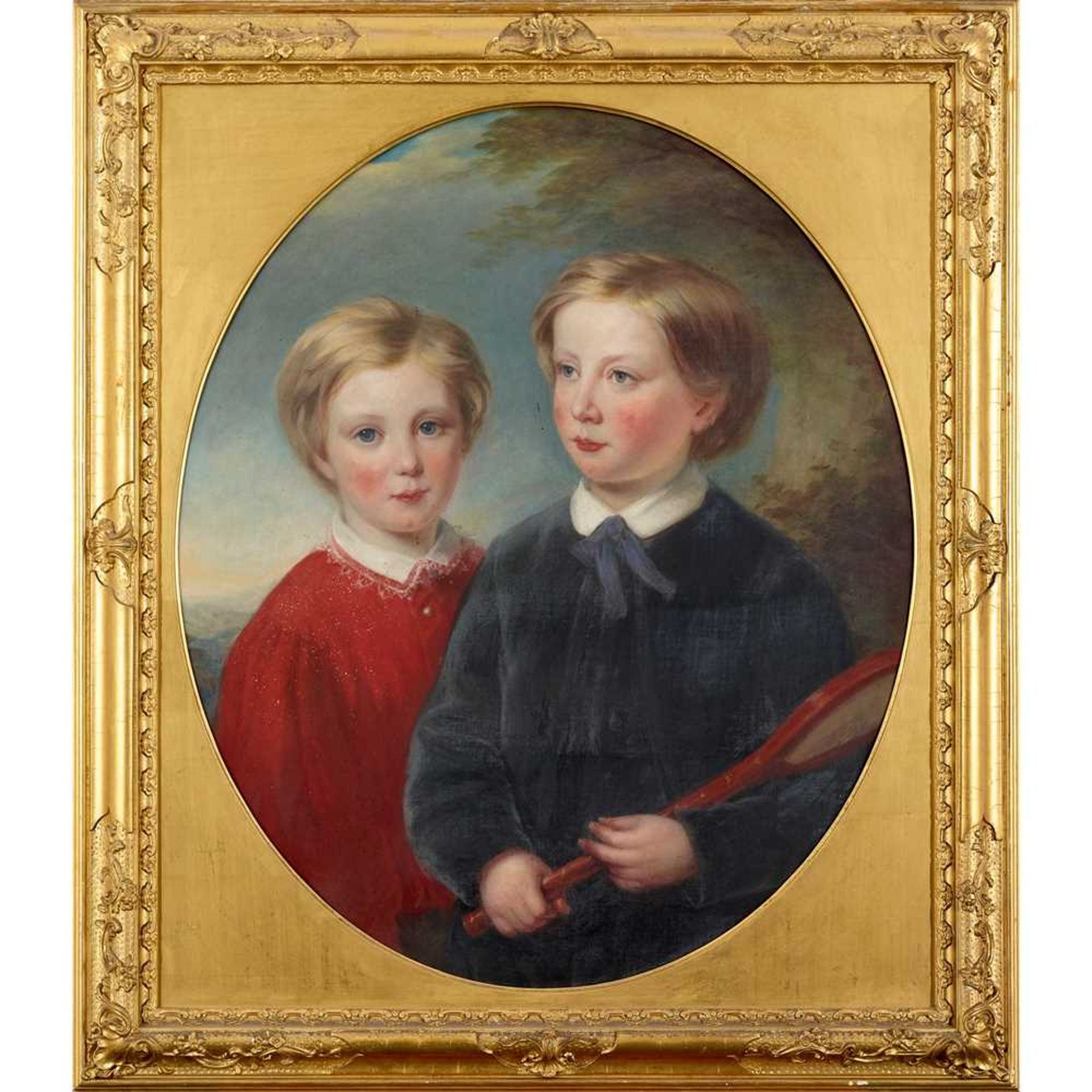 SAMUEL WEST (BRITISH 1810-1867) PORTRAIT OF TWO BOYS, ONE HOLDING A TENNIS RACQUET - Image 2 of 3