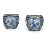 PAIR OF LARGE CHINESE BLUE AND WHITE PORCELAIN FISH BOWLS MODERN