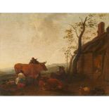 FOLLOWER OF ABRAHAM BEGYN AN ITALIANATE LANDSCAPE WITH MILKMAID