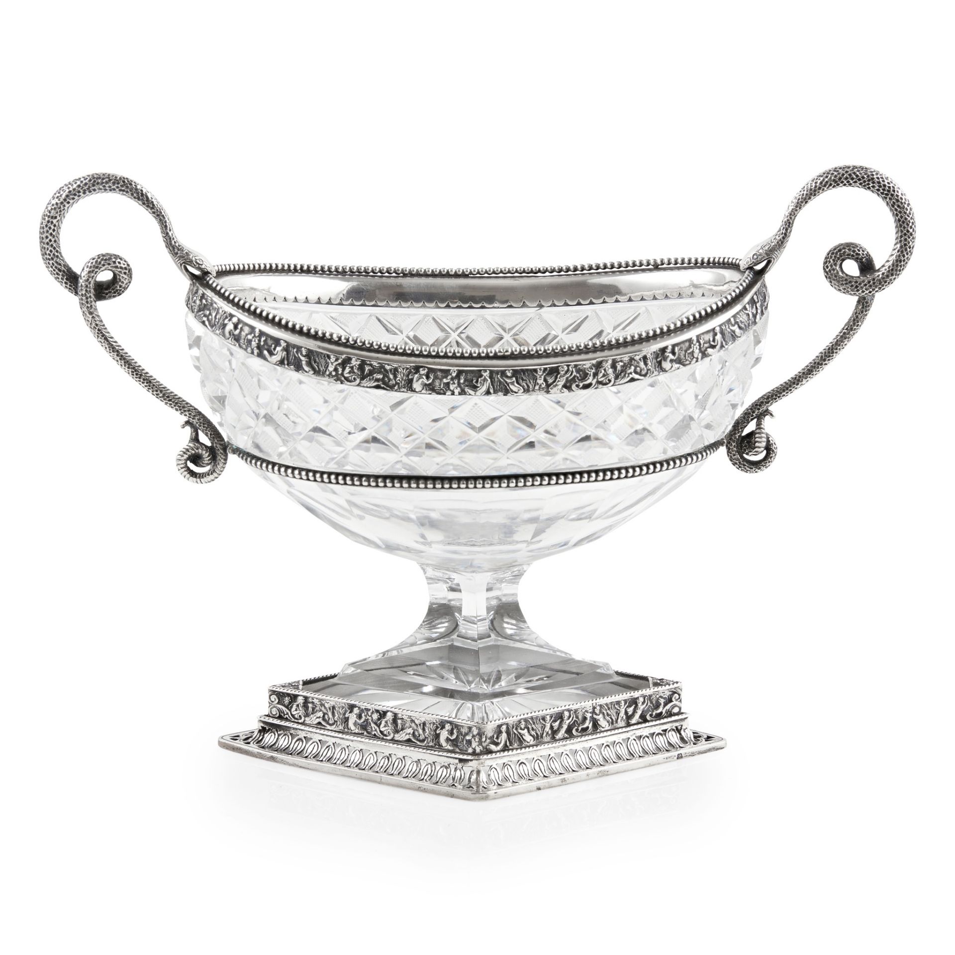 An early 20th-Century Hungarian crystal and silver-mounted twin-handled bowl