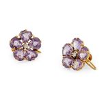 A pair of amethyst and diamond cluster earrings