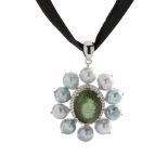 A green tourmaline, pearl and diamond pendant