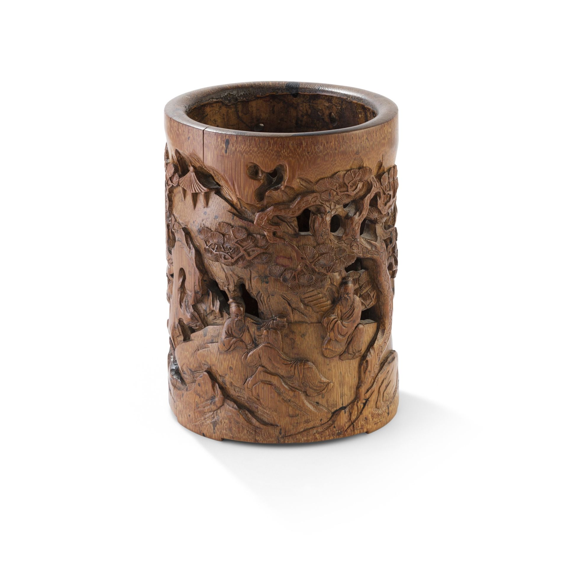 CARVED BAMBOO 'SCHOLAR AND PINE' BRUSH POT QING DYNASTY, 19TH CENTURY