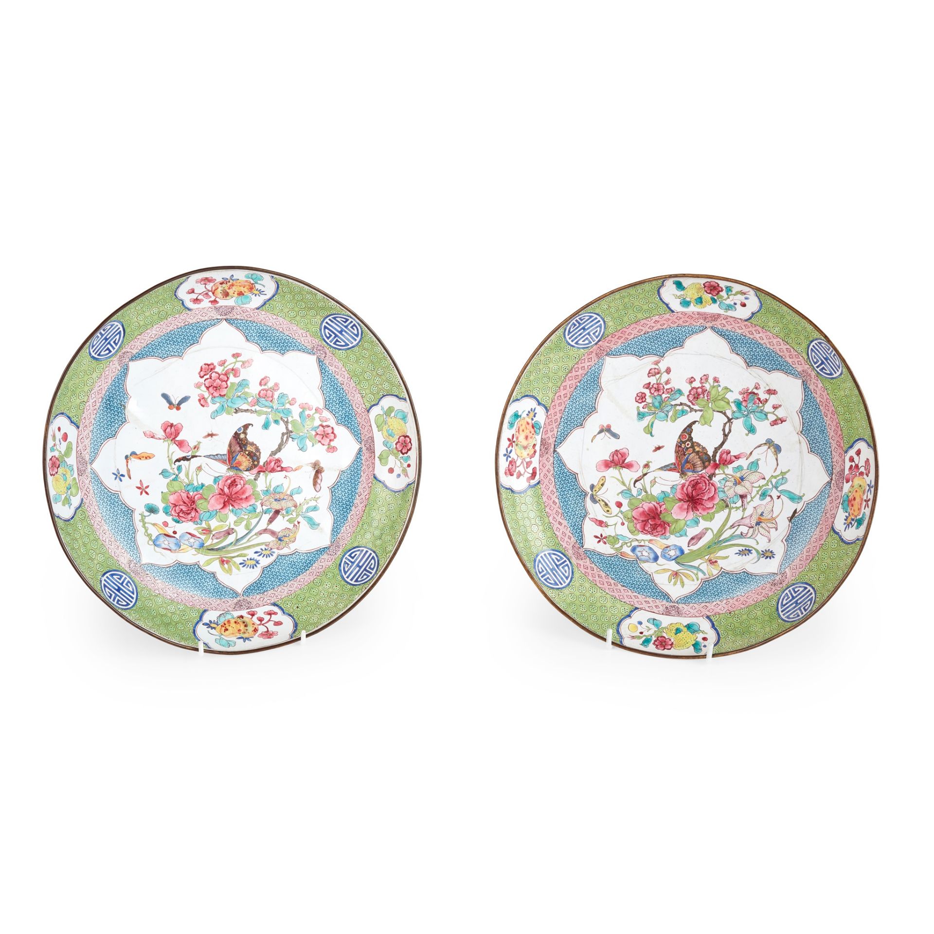 PAIR OF PAINTED CANTON ENAMEL 'FLOWERS AND BUTTERFLIES' PLATES QING DYNASTY, 19TH CENTURY