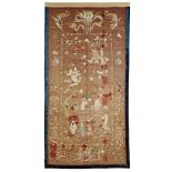 MASSIVE CINNAMON GROUND SILK EMBROIDERED 'LONGEVITY' HANGING PANEL LATE QING DYNASTY TO REPUBLIC